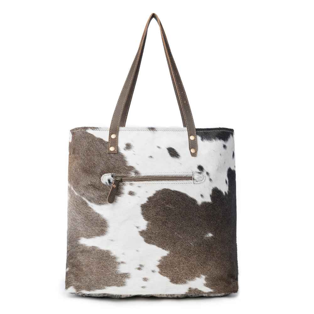 Myra Mesa Trail Patchwork Hairon Tote Bag for Women Rustic Cowhide Design, Brown Leather Handles for Everyday Utility