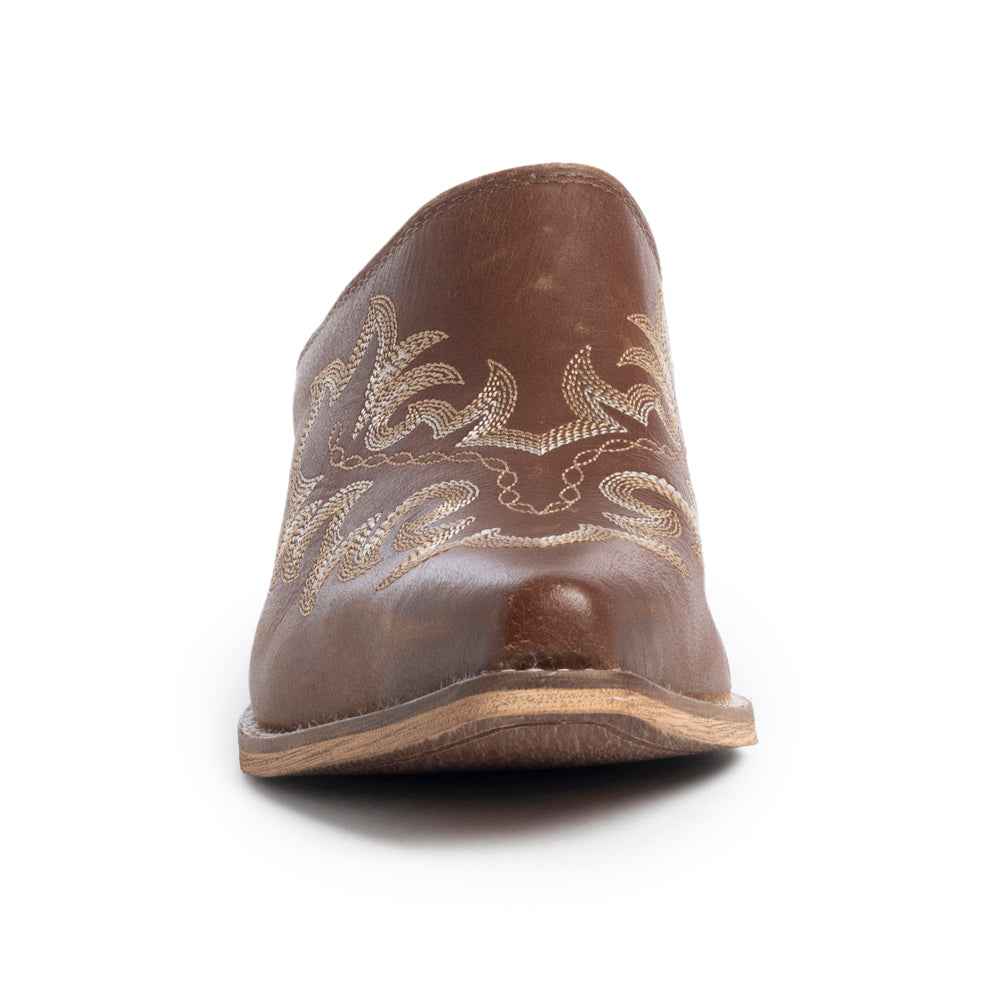 Myra Ximena Ranch Brown Embroidered Mules for Women Pointed Toe, Low Block Heel Western Leather Shoes