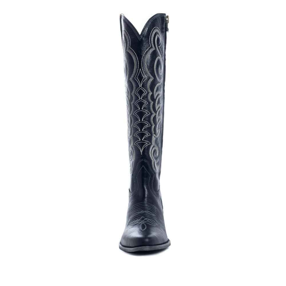 Myra Nalejandra Ebony Black Leather Boots for Women - Embroidered Tall Western Heels with Pointed Toe for Festive Country Style