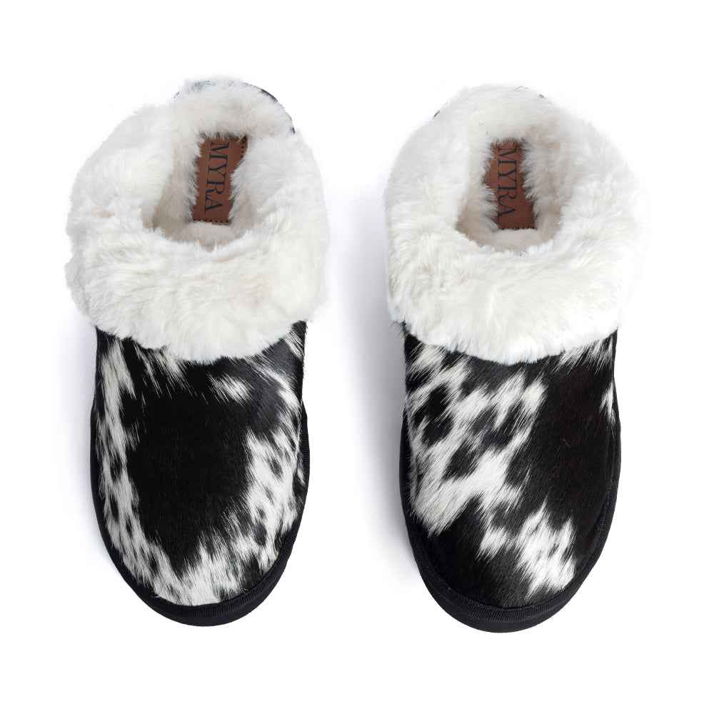 Myra Alamosa Shadow Fur-Lined Hairon Leather Slippers for Women â€“ Winter Indoor Comfort, Soft Sole, Western Style