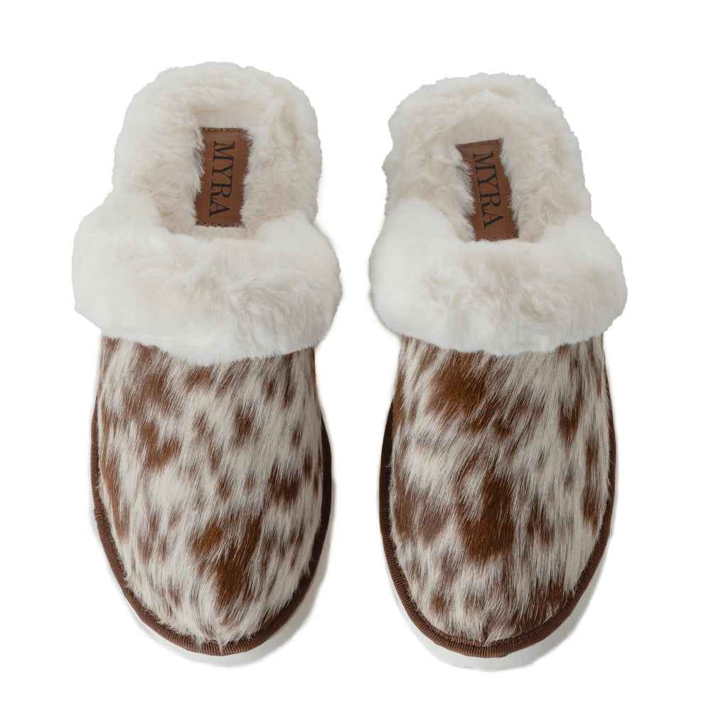 Myra Alamosa Tan Fur-Lined Hairon Leather Slippers for Women Winter Indoor Comfort, Soft Sole, Western Style