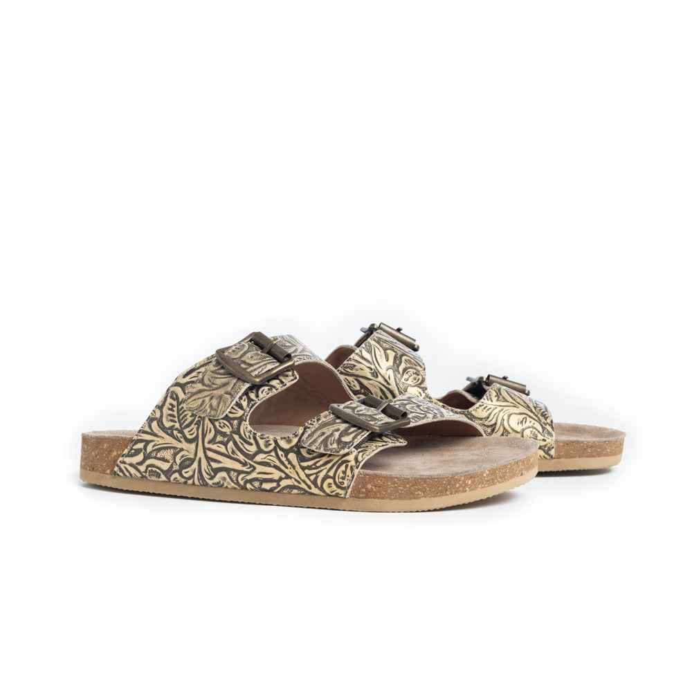 Myra Rio Amarillo Embossed Leather Sandals for Women in Beige â€“ Dual Buckle Design, Cork Sole Comfort, Western Slip-on