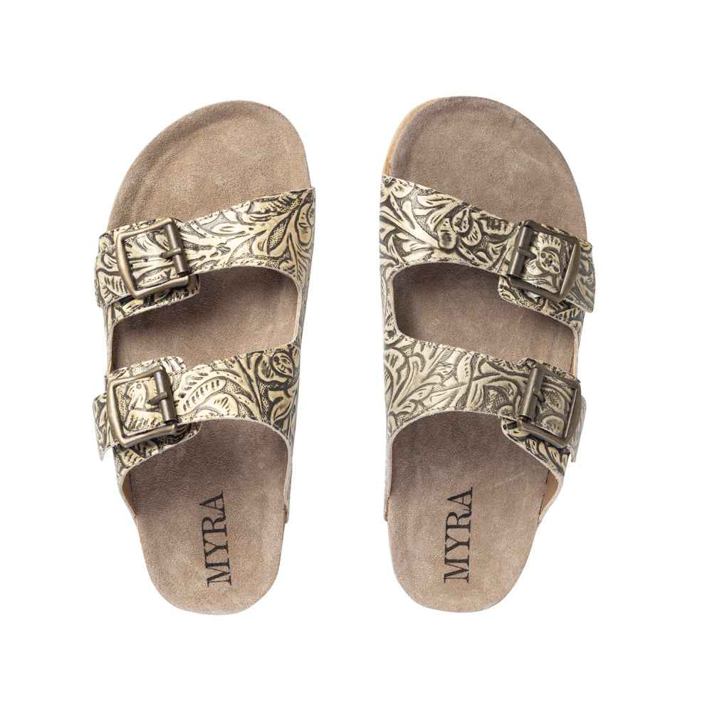 Myra Rio Amarillo Embossed Leather Sandals for Women in Beige â€“ Dual Buckle Design, Cork Sole Comfort, Western Slip-on