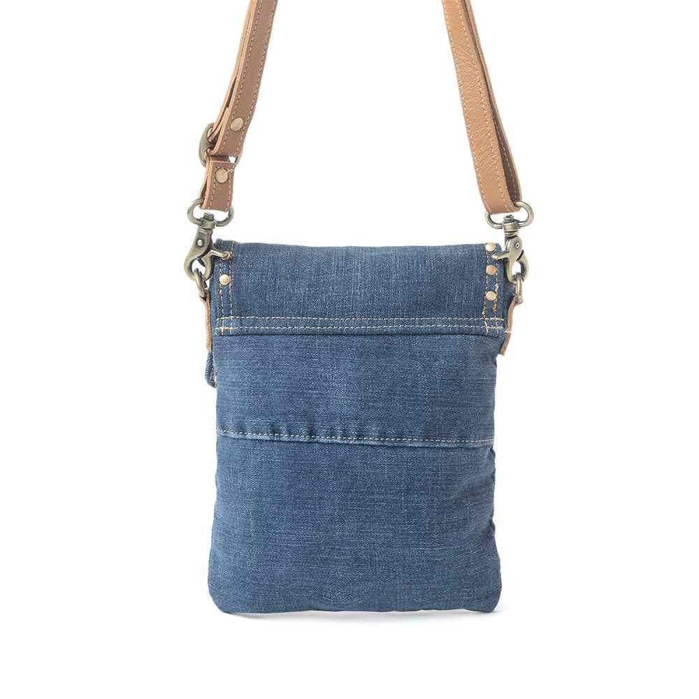 Myra Studded Dahlia Denim Crossbody Bag for Women – Upcycled Jeans with Leather Strap & Front Pocket Flap