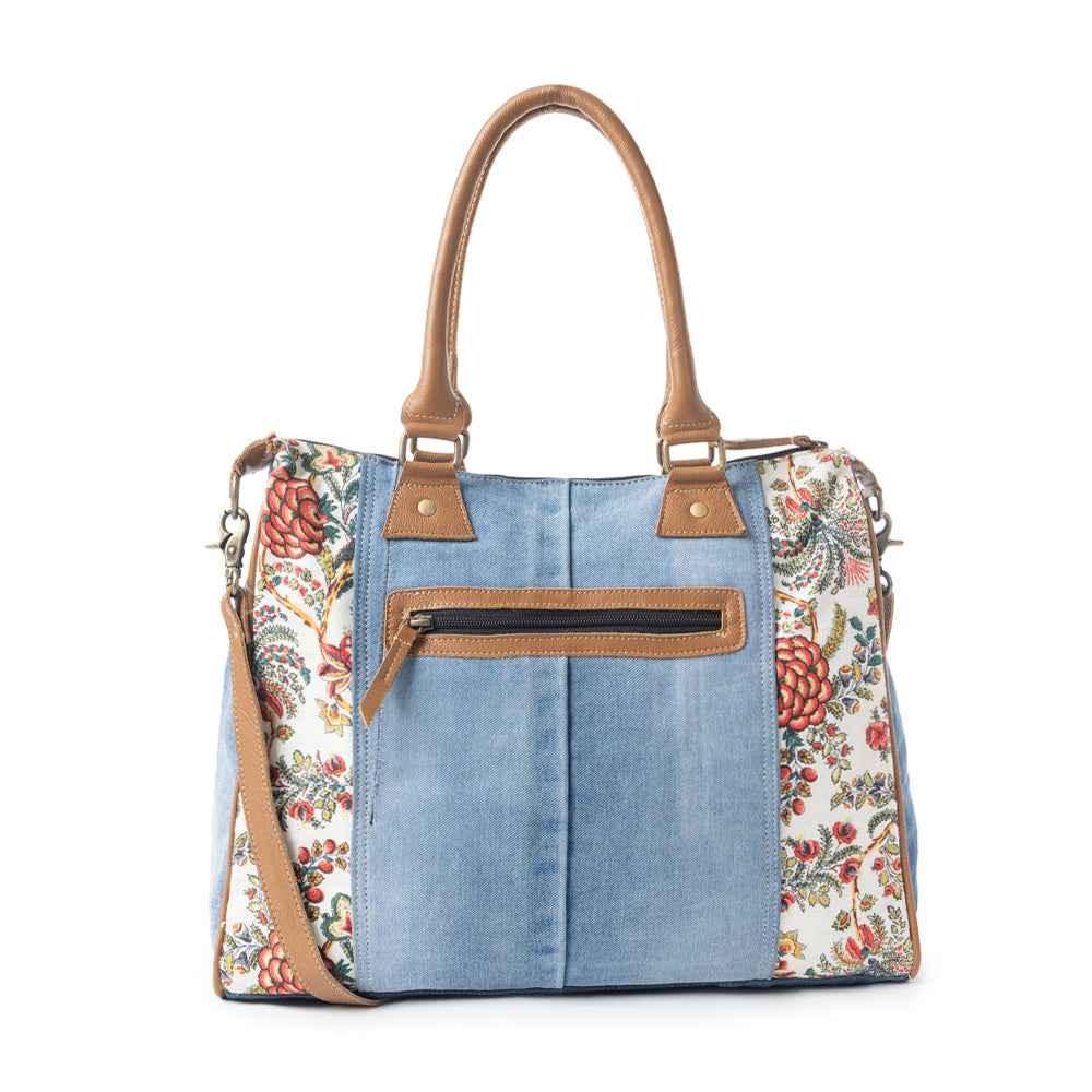 Myra Crimson Glade Floral Canvas Tote Bag - Dual Handle Leather Strap Upcycled Denim Bag for Fun Outings