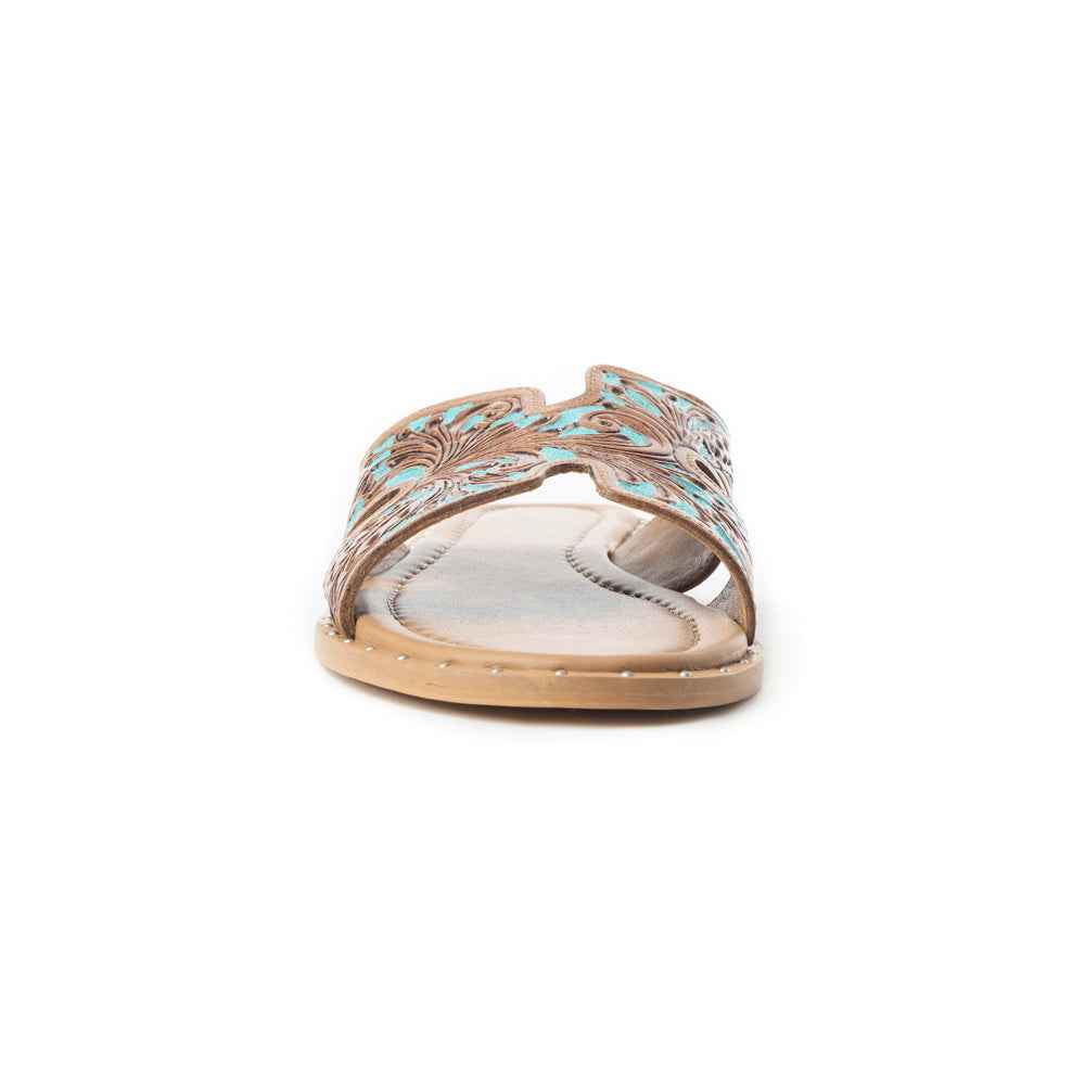 Myra Carmina Blue Embossed Leather Slip-On Sandals for Women â€“ Western H-Cut Slides with Studded Trim