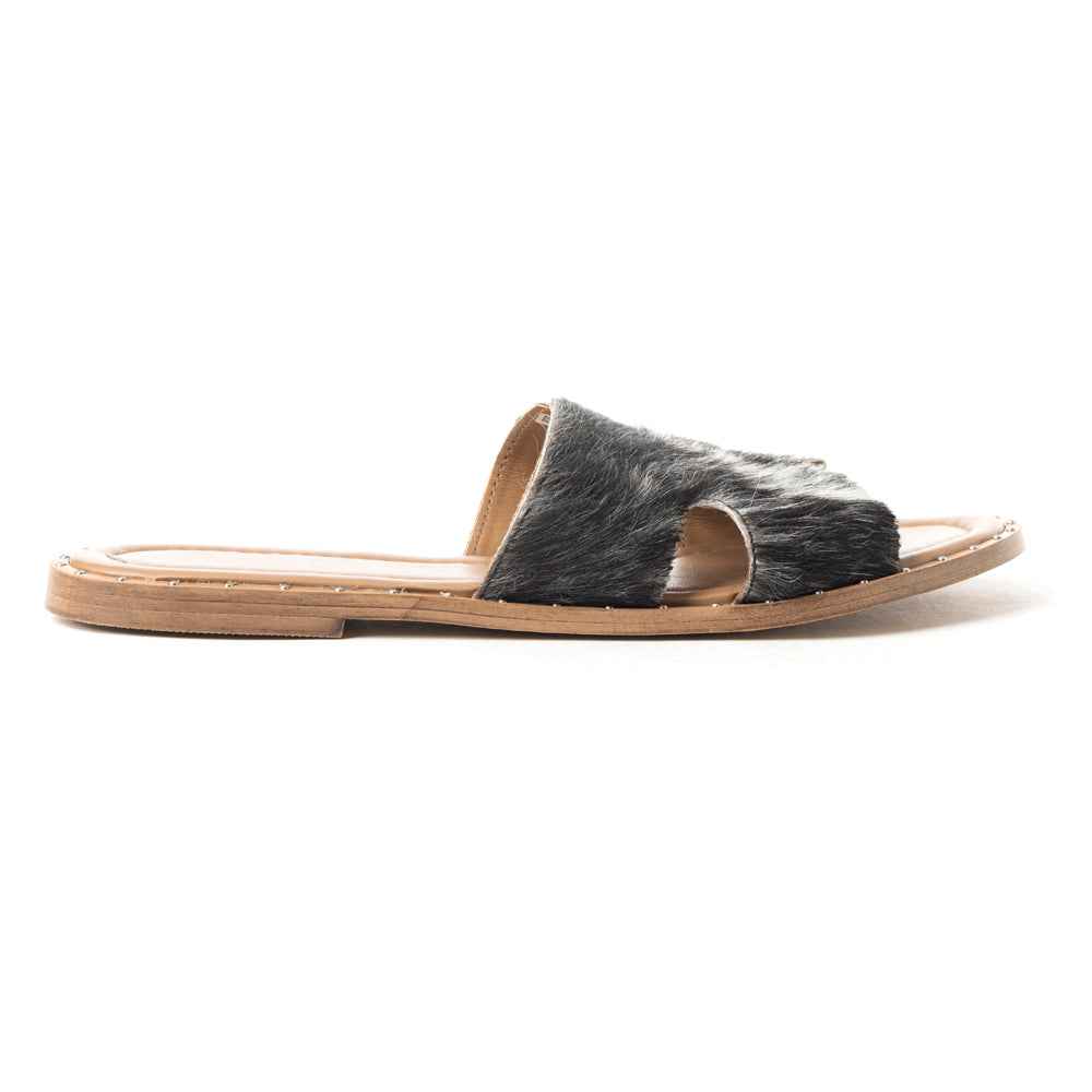 Myra Daleena Anne Leather Slide Sandals for Women – Western Style Open-Toe Flats with Natural Hairon Pattern