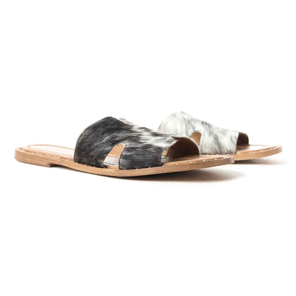 Myra Daleena Anne Leather Slide Sandals for Women – Western Style Open-Toe Flats with Natural Hairon Pattern