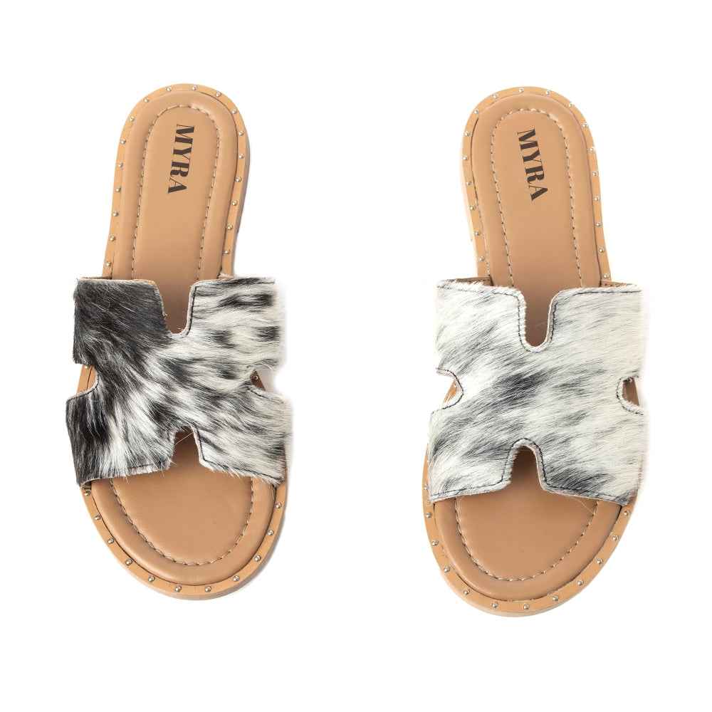 Myra Daleena Anne Leather Slide Sandals for Women – Western Style Open-Toe Flats with Natural Hairon Pattern