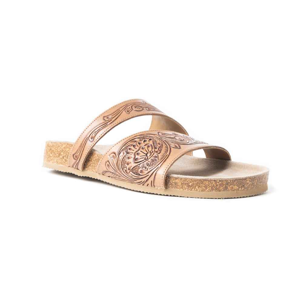 Myra Westward Wind Handtooled Leather Slide Sandals for Women â€“ Cross-Strap Design with Soft Cork Sole for Cushioned Western Comfort