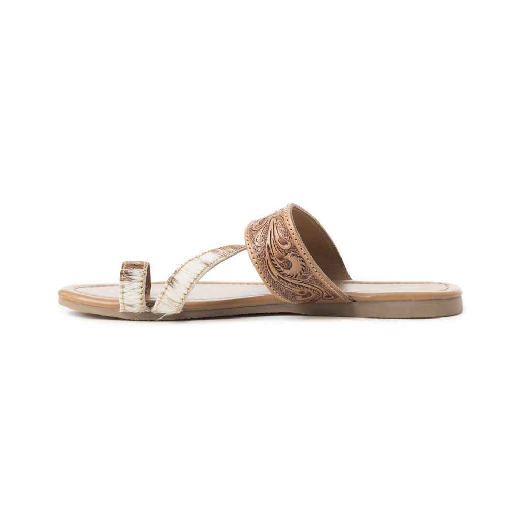 Myra LaDonna Trail Floral Handtooled Sandals for Women â€“ Beige Western Hairon Slip-Ons for Ranch Days & Rodeo Nights