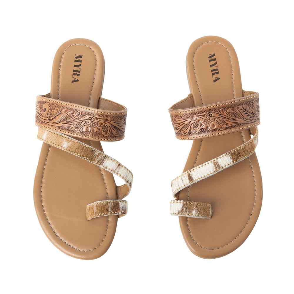 Myra LaDonna Trail Floral Handtooled Sandals for Women â€“ Beige Western Hairon Slip-Ons for Ranch Days & Rodeo Nights