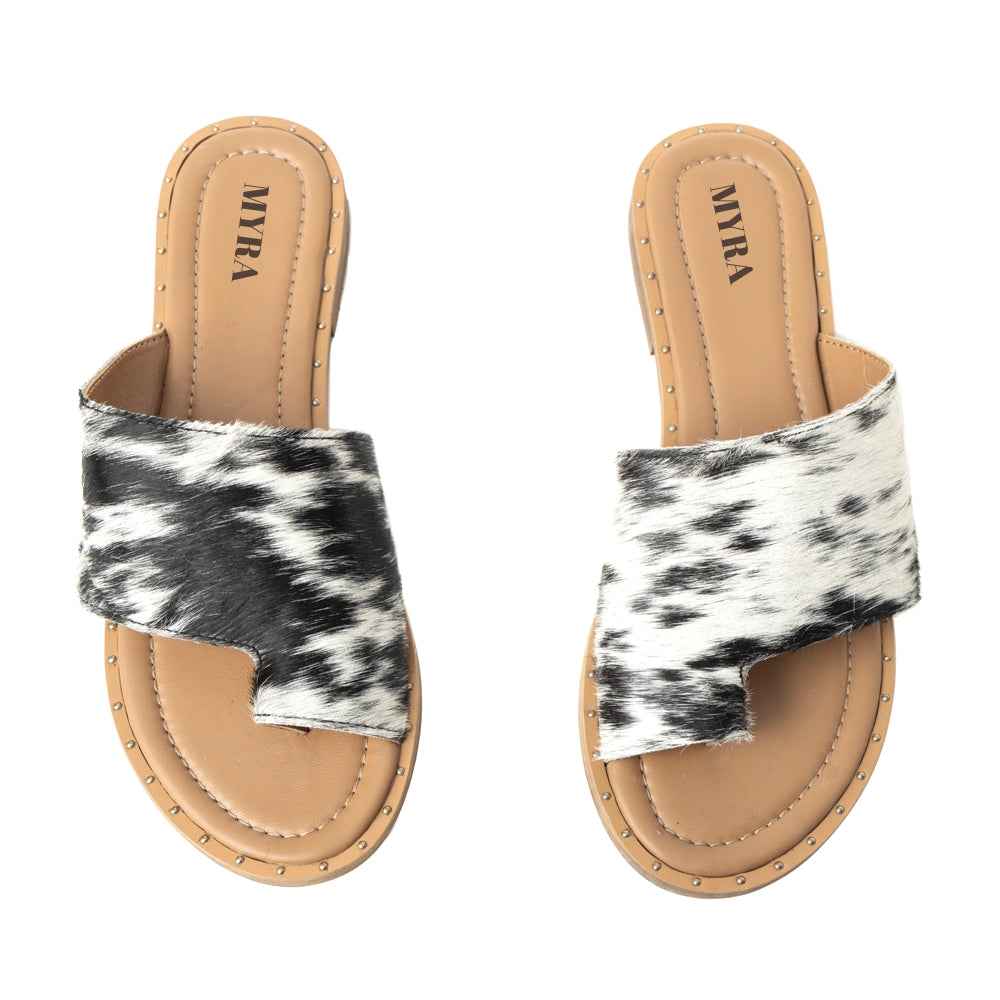 Myra Kimmee Trail Hairon Leather Sandals for Women â€“ Open-Toe Flat Slide for Ranch & Summer Wear