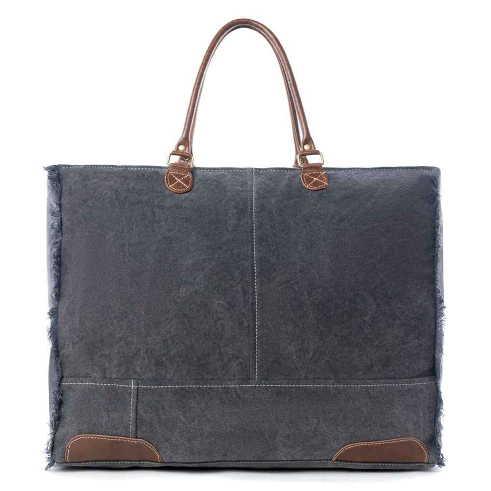 Myra Dakota Trail Hairon Leather Weekender Bag â€“ Handmade Canvas Print with Rustic Fringe Sides & Leather Handles