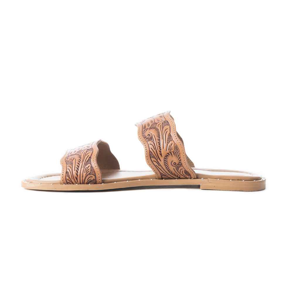 Myra Santa Fe Daisy Leather Sandals for Women - Handtooled Slides with Intricate Floral Design for Summer Comfort