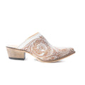 Myra Valeria White Leather Mules for Women - Handtooled Desert Bloom Pattern with Block Heels for Stylish Comfort