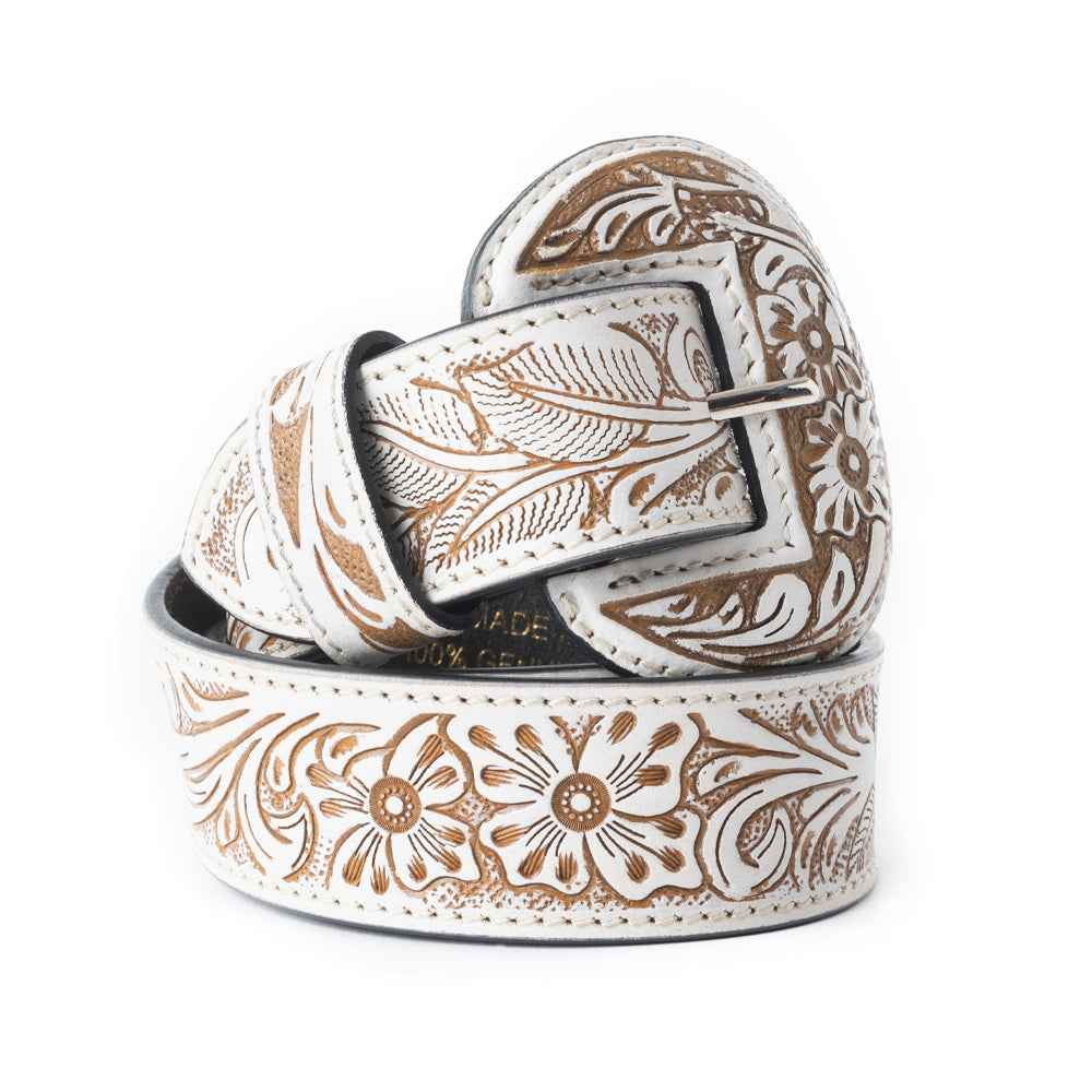 Myra Talon High Ivory Tooled Leather Belt for Women - Statement Rodeo Buckle with Western Embossed Floral Design