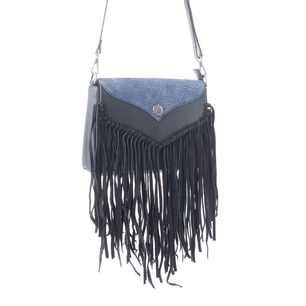 Wild West Fringe Leather Crossbody Bag in Ash Denim