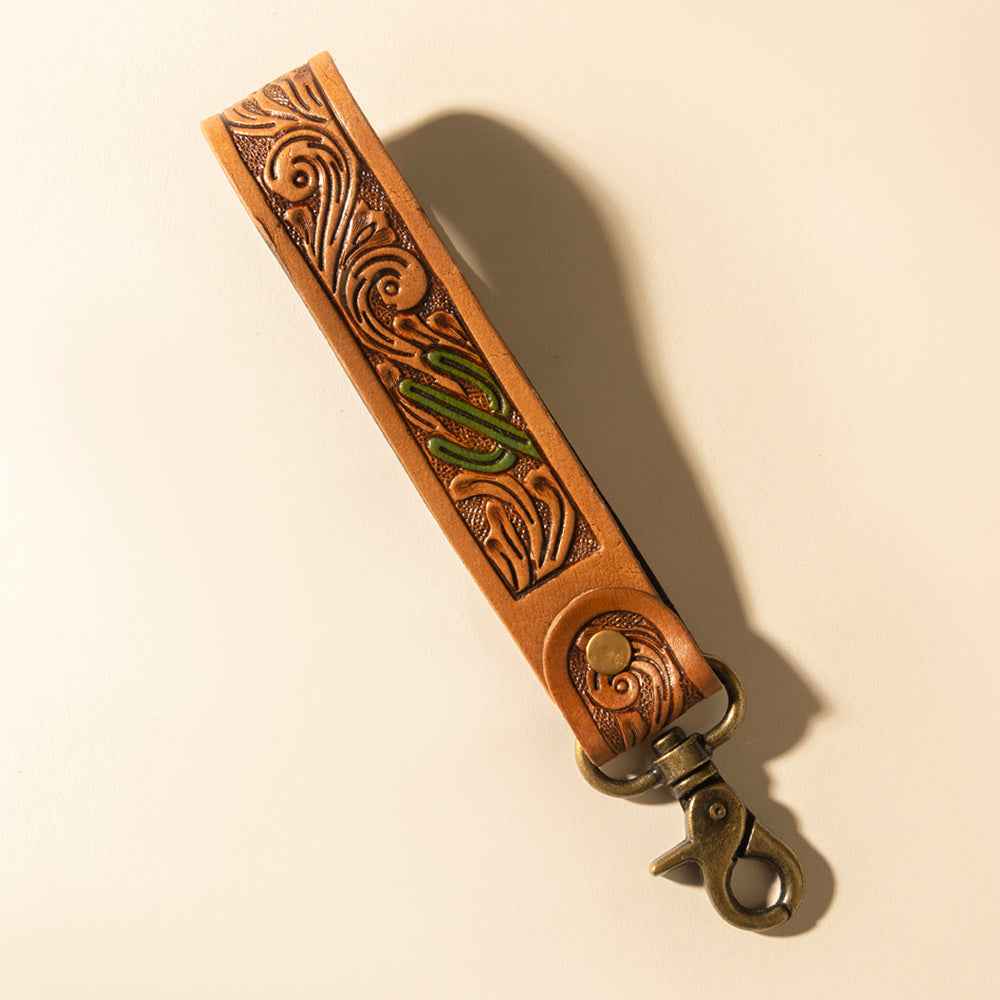 Myra Canyon Pass Handtooled Leather Key Fob in Butterscotch Oak