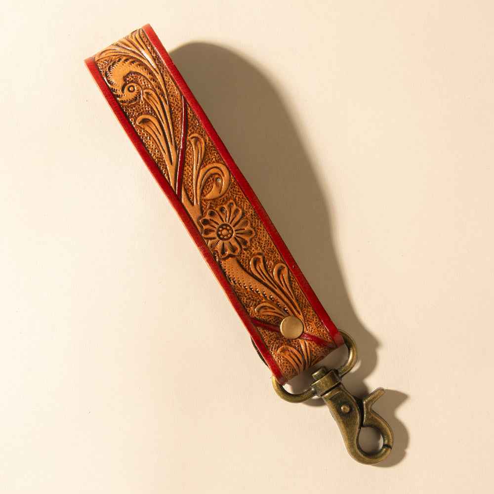 Myra Canyon Pass Handtooled Leather Key Fob in Terracotta Saddle