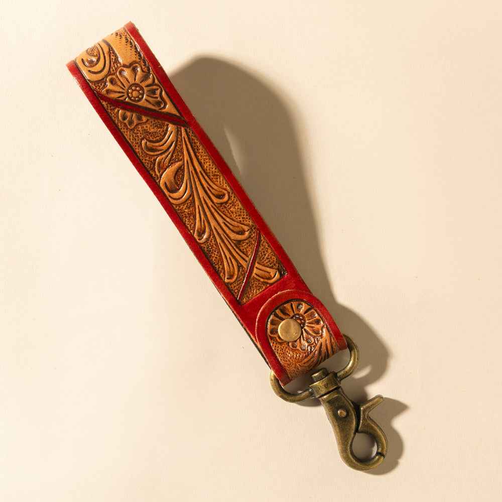 Myra Canyon Pass Handtooled Leather Key Fob in Terracotta Saddle