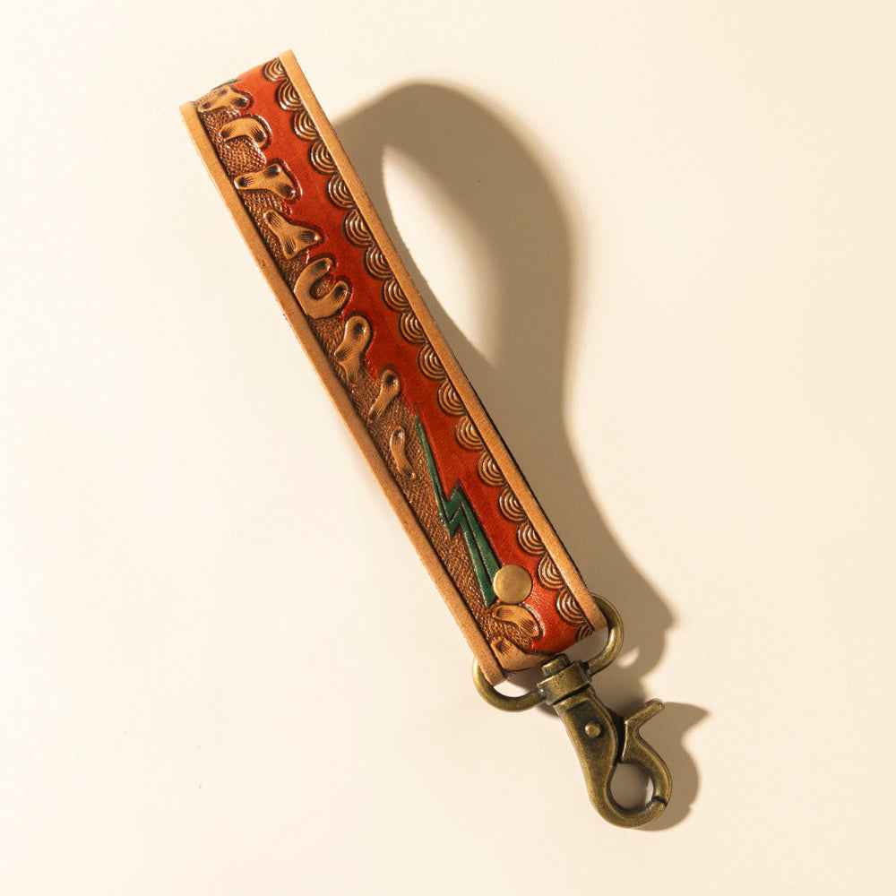 Myra Canyon Pass Handtooled Leather Key Fob in Amber