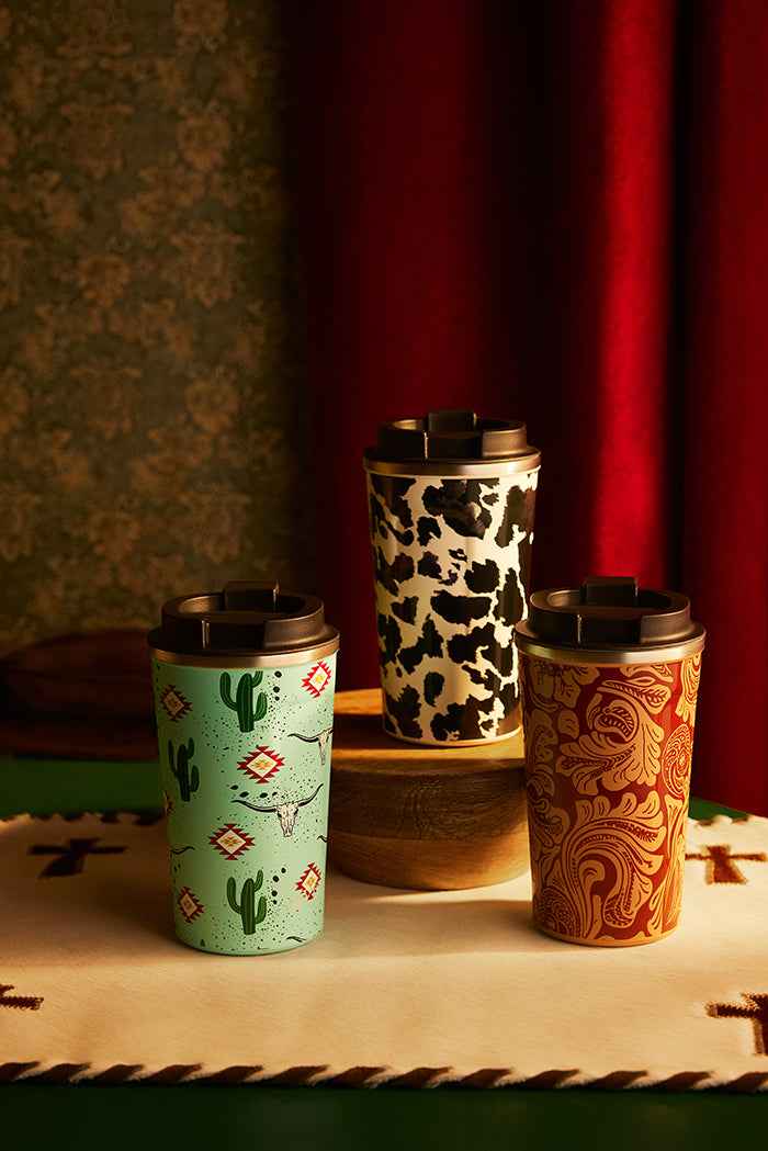 Western Trail Brew Stainless Steel Mug in Black Leopard Print