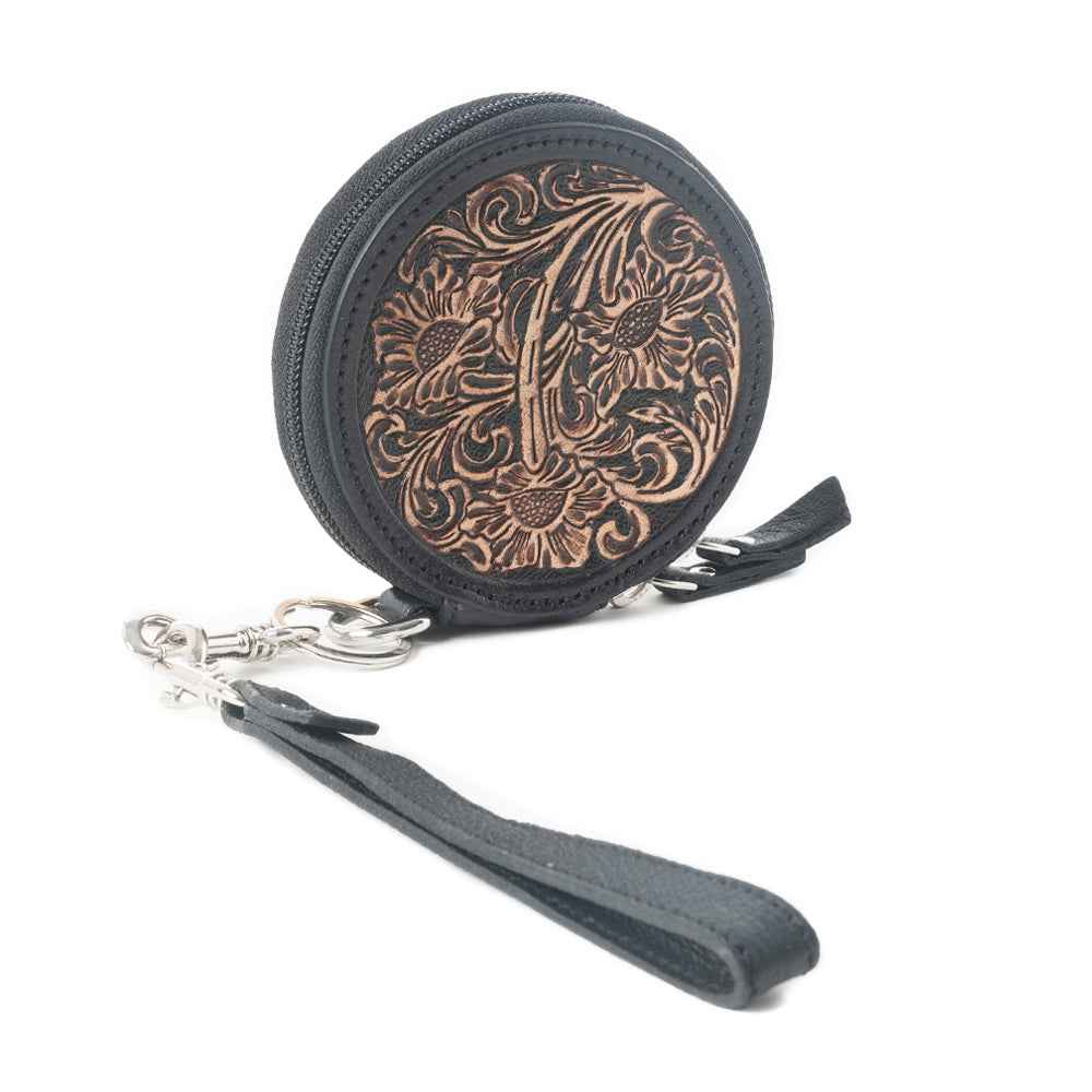 Botanic Bliss Handtooled Leather Coin Pouch in Golden Tan