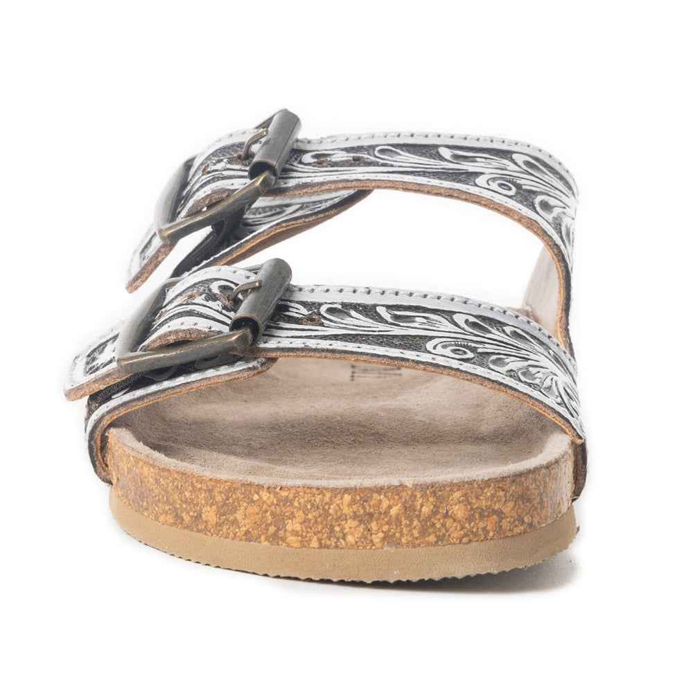 Mesa Scroll Handtooled Sandals in Brown & White