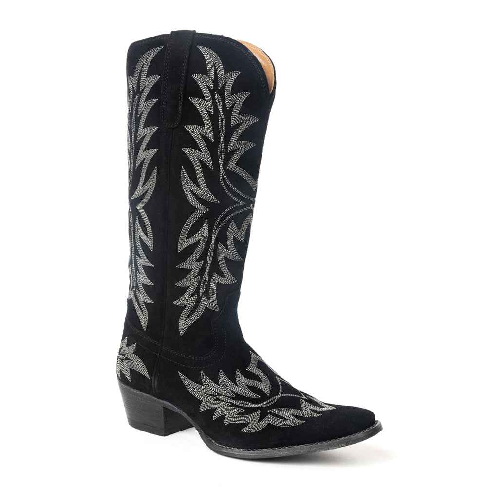 Midnight Trail Embroidered Leather Boots in Shadow Black