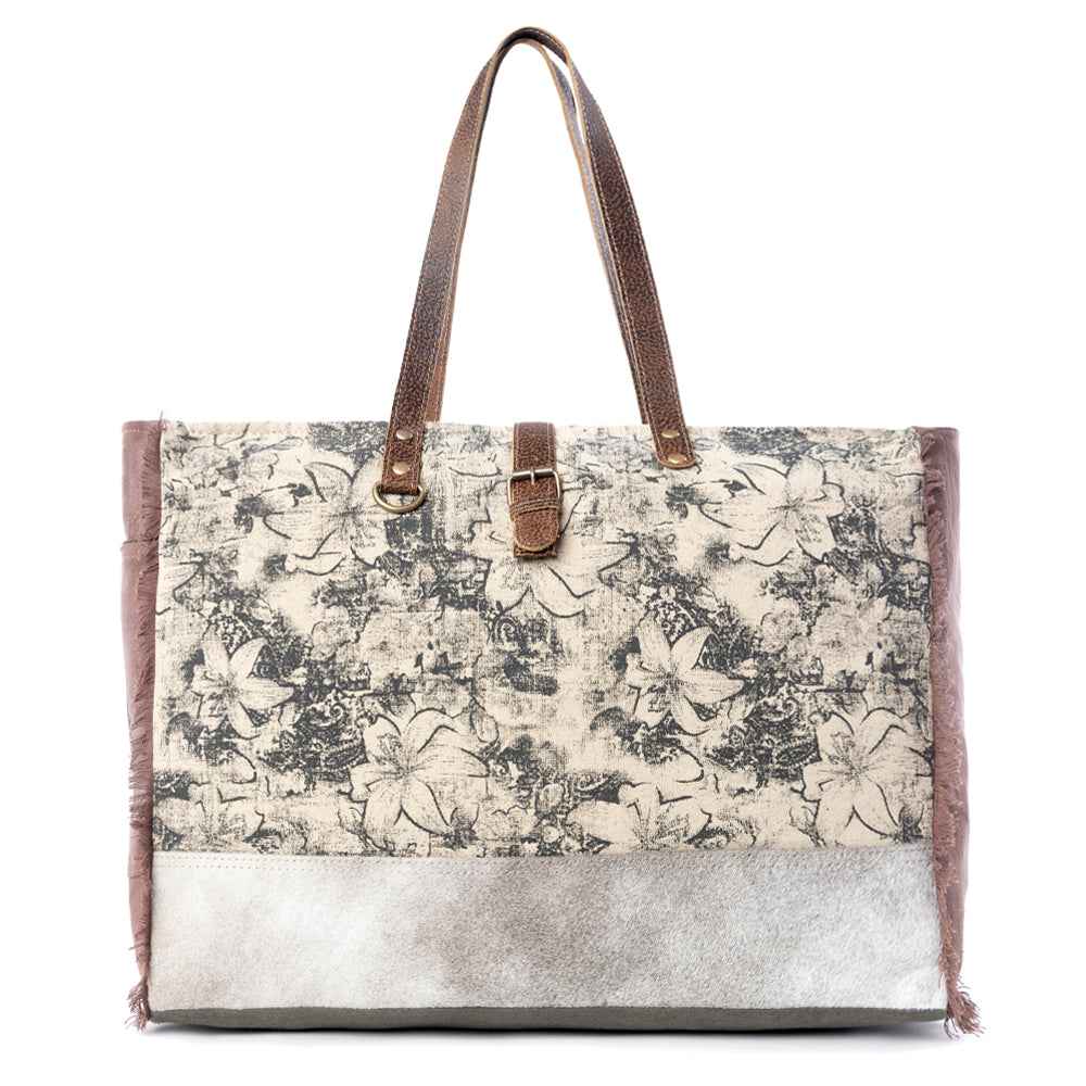 Myra Floweret Weekender Bag for Women – Floral Printed Front, Buckle Closure, Fringed Edges for Travel Chic