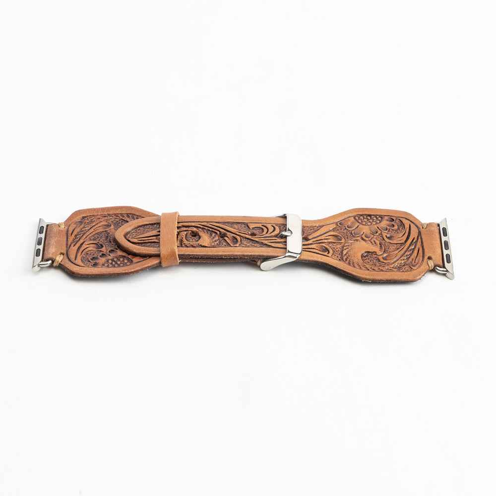 Lone Star Handtooled Leather Watch Band in Antique Saddle Brown