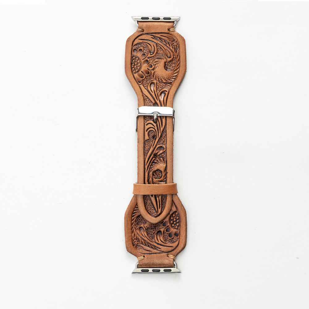 Lone Star Handtooled Leather Watch Band in Antique Saddle Brown