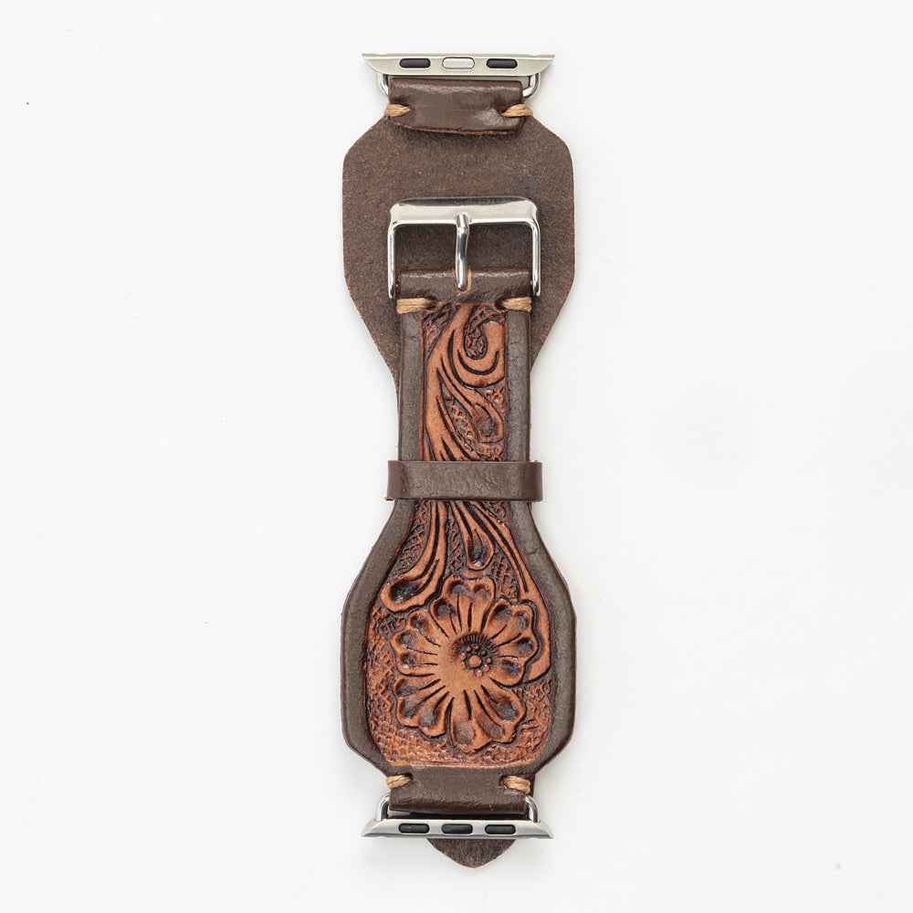 Lone Star Handtooled Leather Watch Band in Antique Mahogany