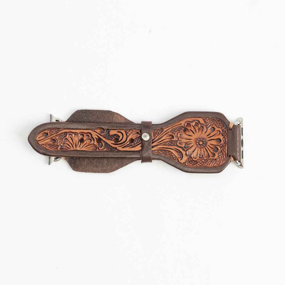 Lone Star Handtooled Leather Watch Band in Antique Mahogany