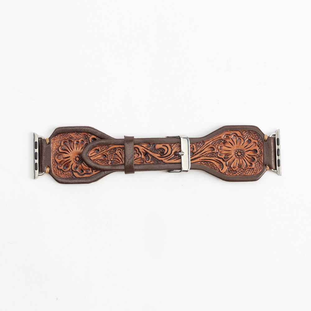 Lone Star Handtooled Leather Watch Band in Antique Mahogany