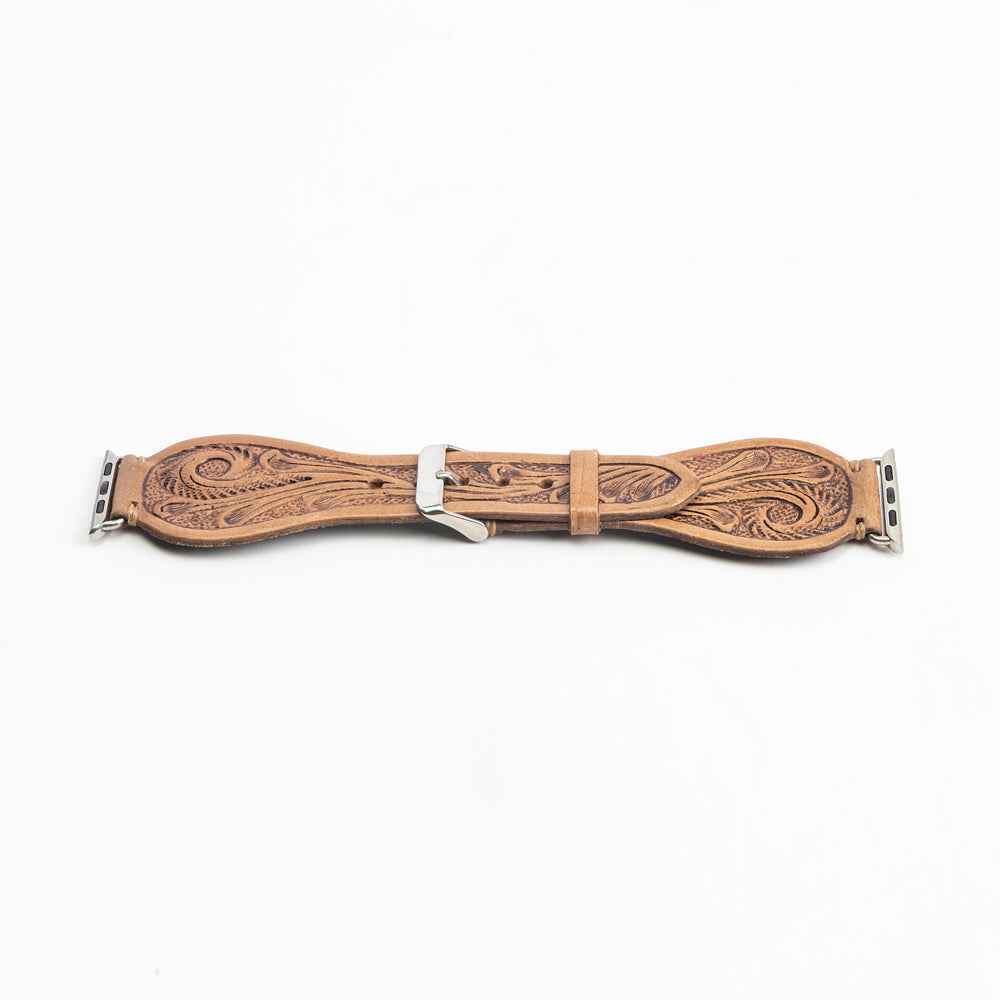 Lone Star Handtooled Leather Watch Band in Light Saddle Tan