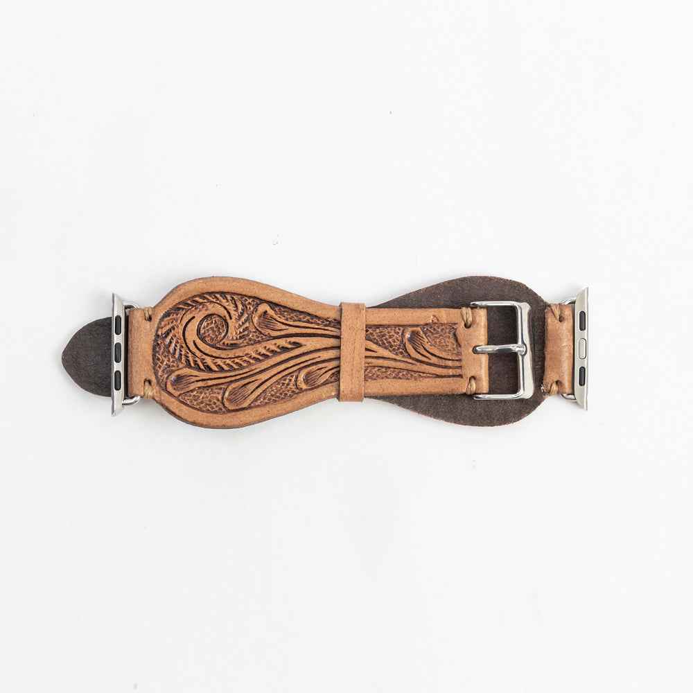 Lone Star Handtooled Leather Watch Band in Light Saddle Tan
