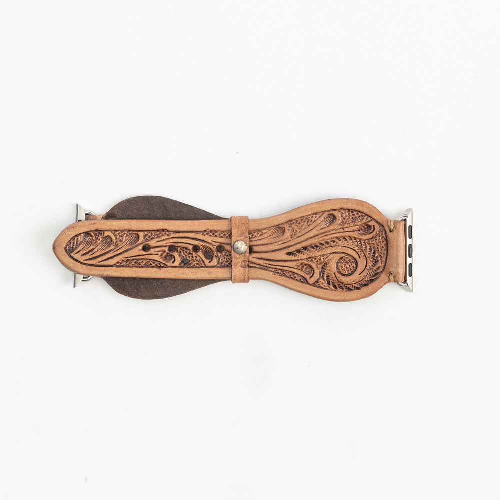Lone Star Handtooled Leather Watch Band in Light Saddle Tan