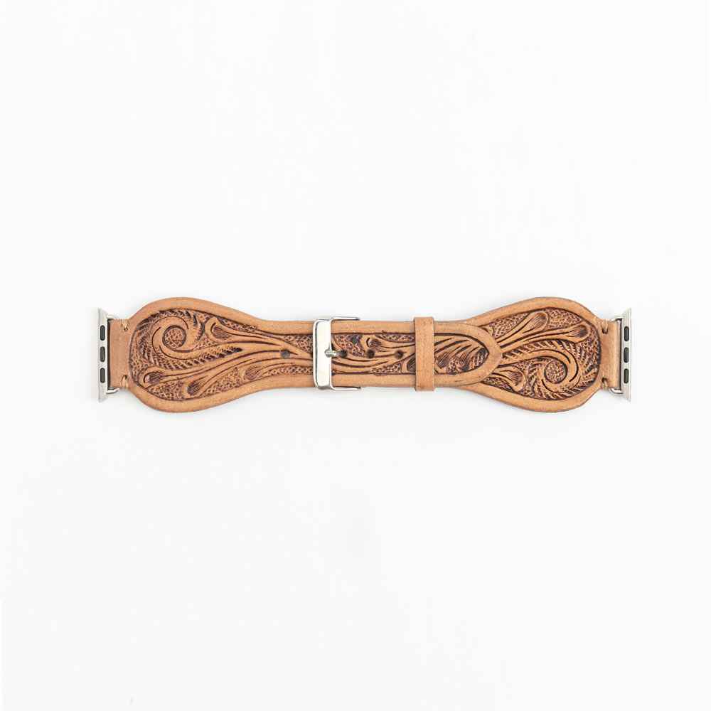 Lone Star Handtooled Leather Watch Band in Light Saddle Tan