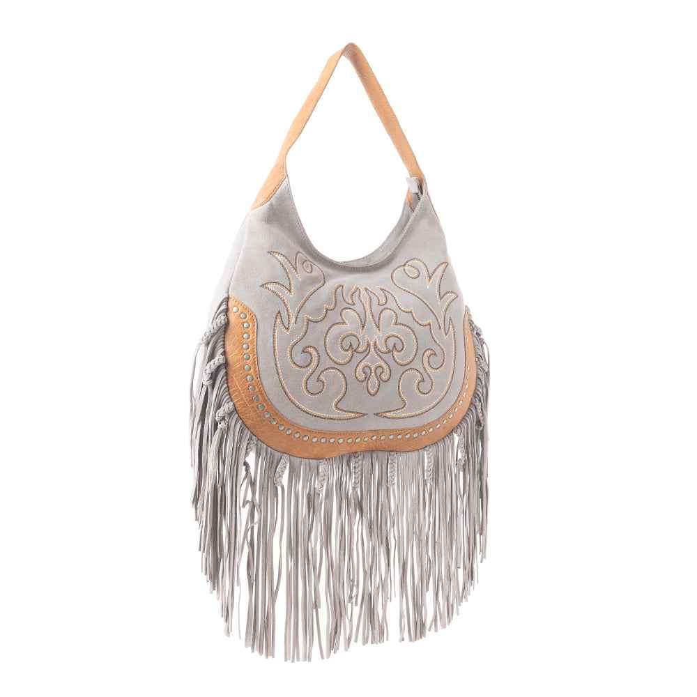 Sage Whisper Fringe Leather Bag in Pearl White