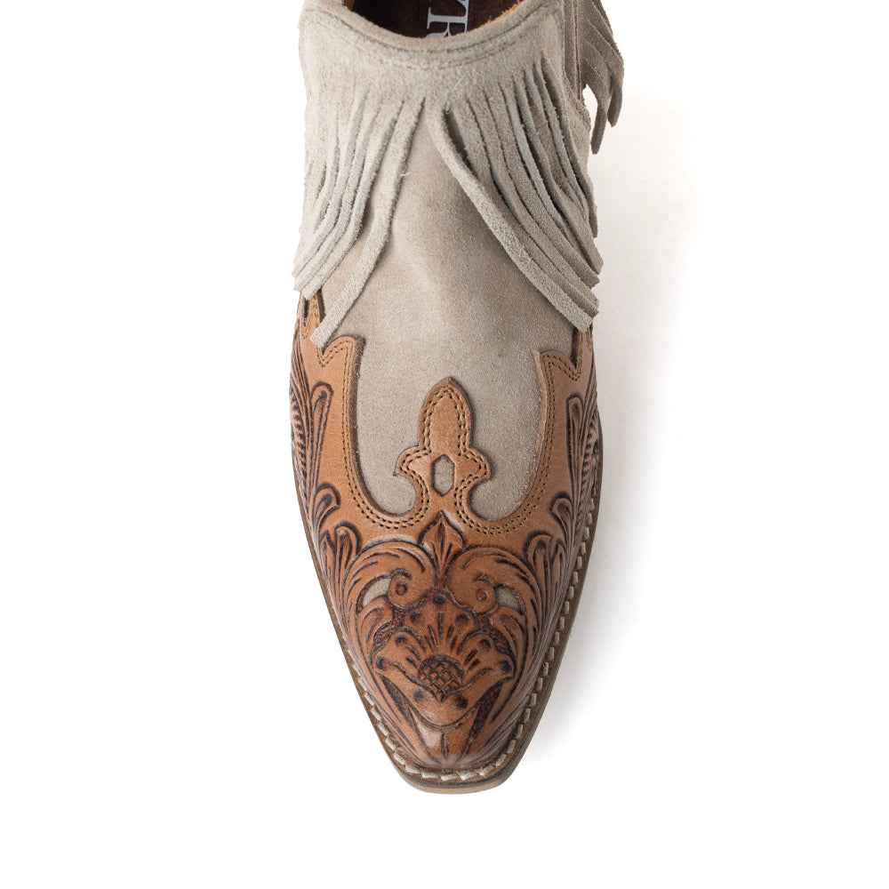 Myra Cimarron Belle Fringed Handtooled Leather Booties in Wild Tan