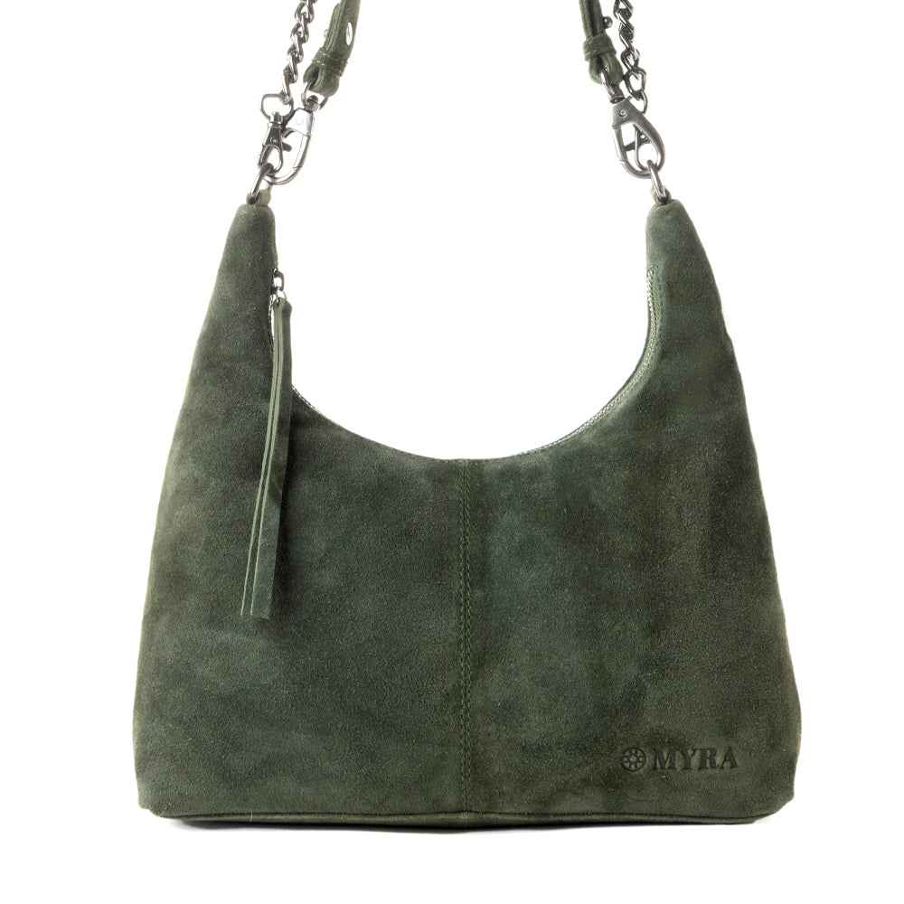 Myra Juniper Trail Genuine Suede Bag for Women in forest green with extra strap