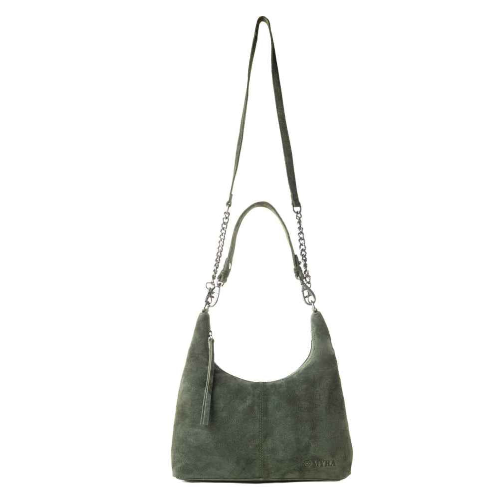 Myra Juniper Trail Genuine Suede Bag for Women in forest green with extra strap