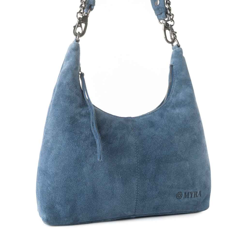 Myra Juniper Trail Genuine Suede Bag for Women in denim blue with extra strap