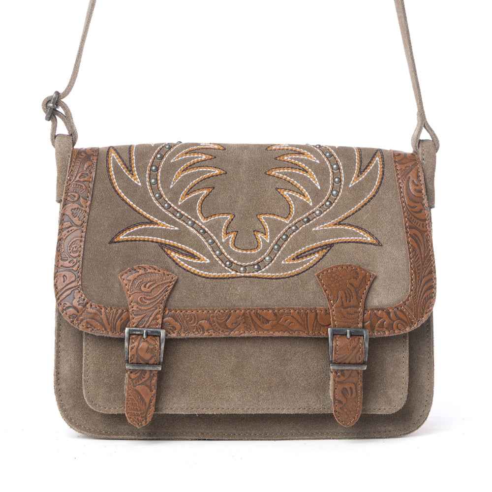Myra Amberwood Suede Leather Boot Embroidered Bag in Olive Taupe