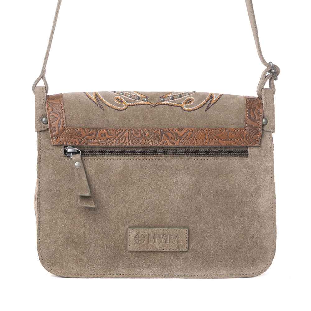 Myra Amberwood Suede Leather Boot Embroidered Bag in Olive Taupe