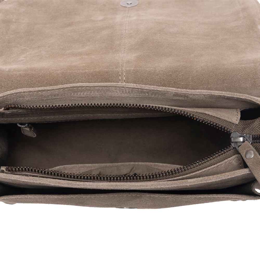 Myra Amberwood Suede Leather Boot Embroidered Bag in Olive Taupe