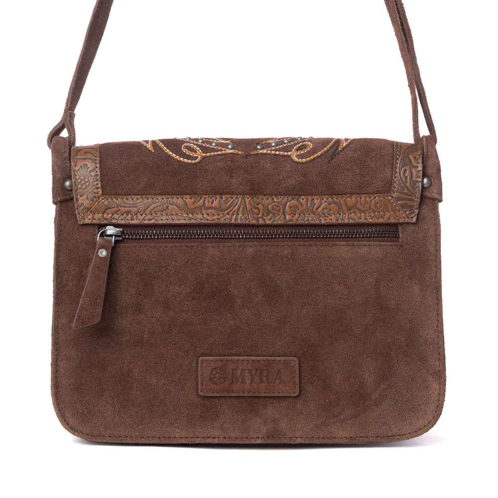 Myra Amberwood Suede Leather Boot Embroidered Leather Bag in Chestnut Brown