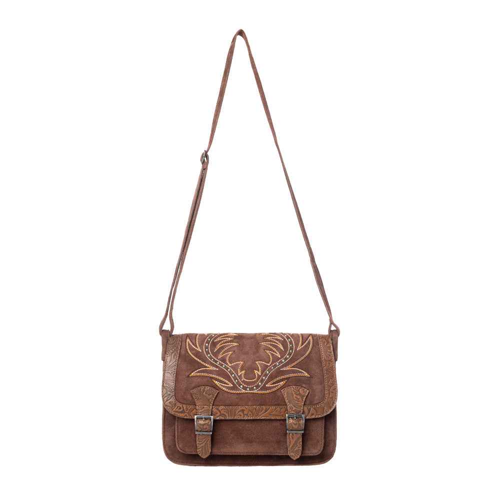 Myra Amberwood Suede Leather Boot Embroidered Leather Bag in Chestnut Brown